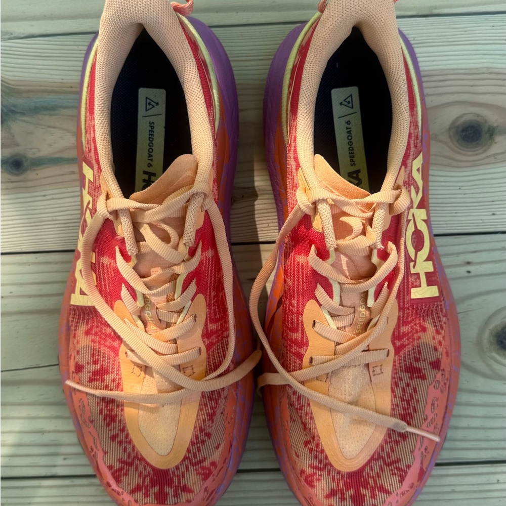 Hoka One One Speedgoat 6 Women's Vibrant Red and Peach Athletic Shoes